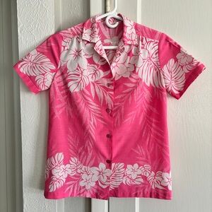 Women’s Vintage 70s 80s Pink Hawaiian Tiki Tropical Button Down Shirt Small